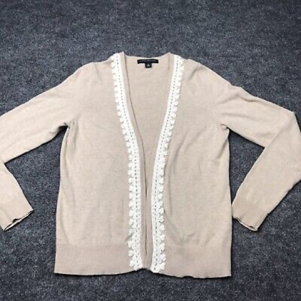 Banana Republic Tan Beige Cotton Knit Open Front Cardigan Lace Crochet Trim XS - Picture 1 of 14